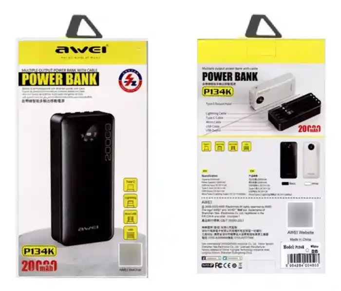 Awei P134K 4 in 1 20000mAh Mobile Power Bank with PD22.5W Fast Charging - C/Lightning/Micro Cable Power Bank for External Backup Batteries for iOS and Android